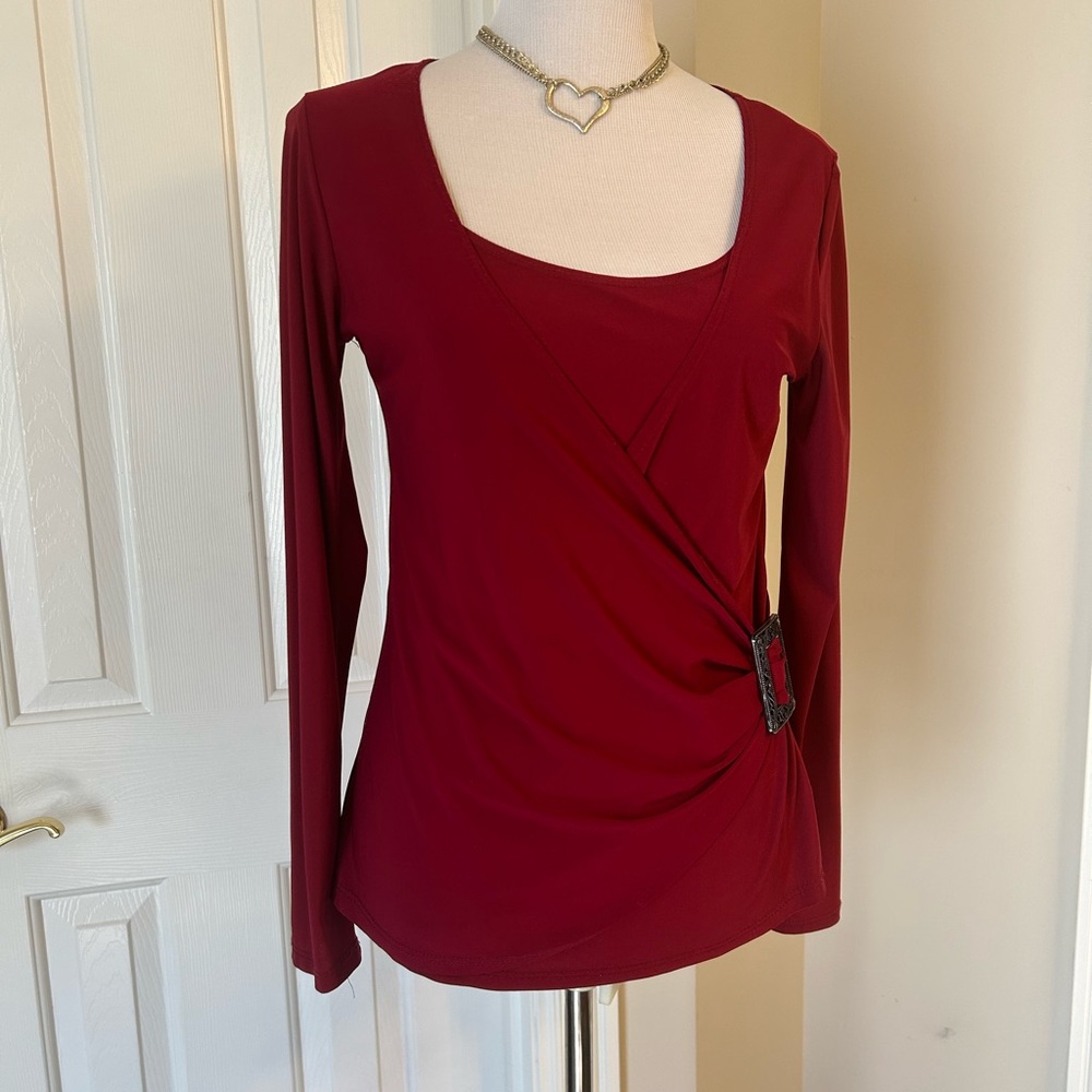 Women’s Long Sleeve Faux-Wrap Top in Deep Red